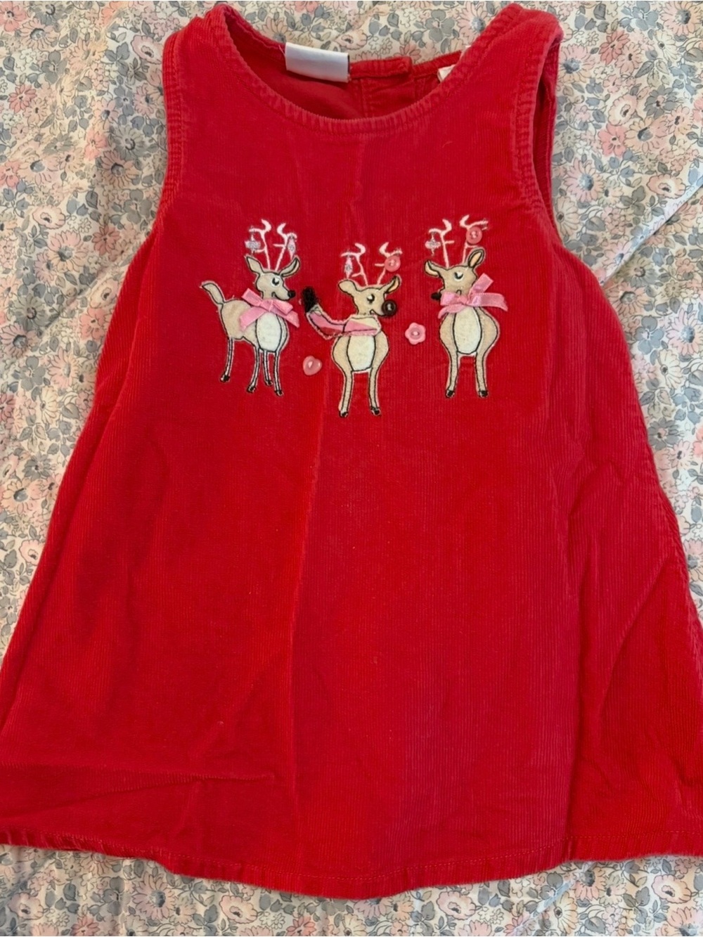 Girls' Red Corduroy Reindeer Jumper Dress